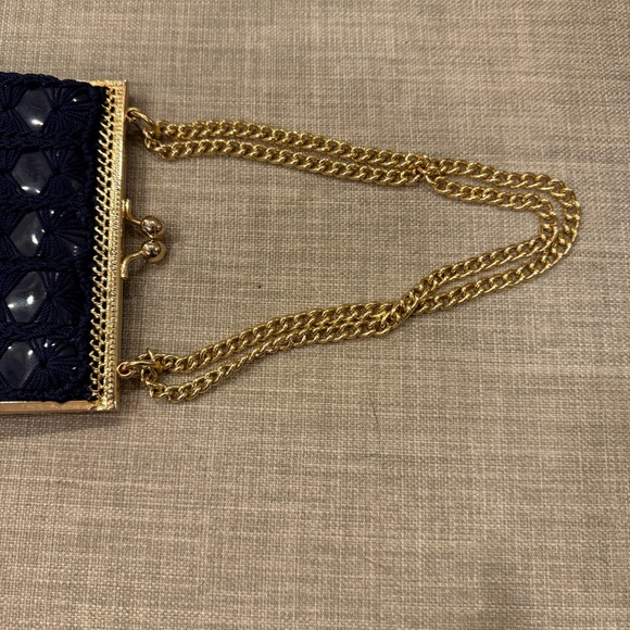 Vintage Crochet Navy Blue Gold Chain Kiss Lock Bag by Solar LTD Italy - Picture 4 of 9